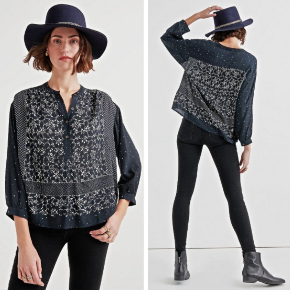 Lucky Brand Moon Mix Border Print Peasant Top